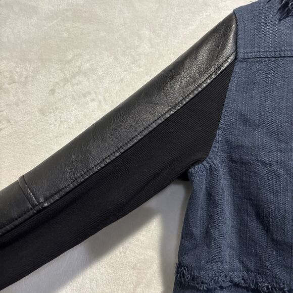 BlankNYC Drape Front Mixed Media Denim Vegan Leather Fringe Jacket Size Medium - Picture 11 of 15